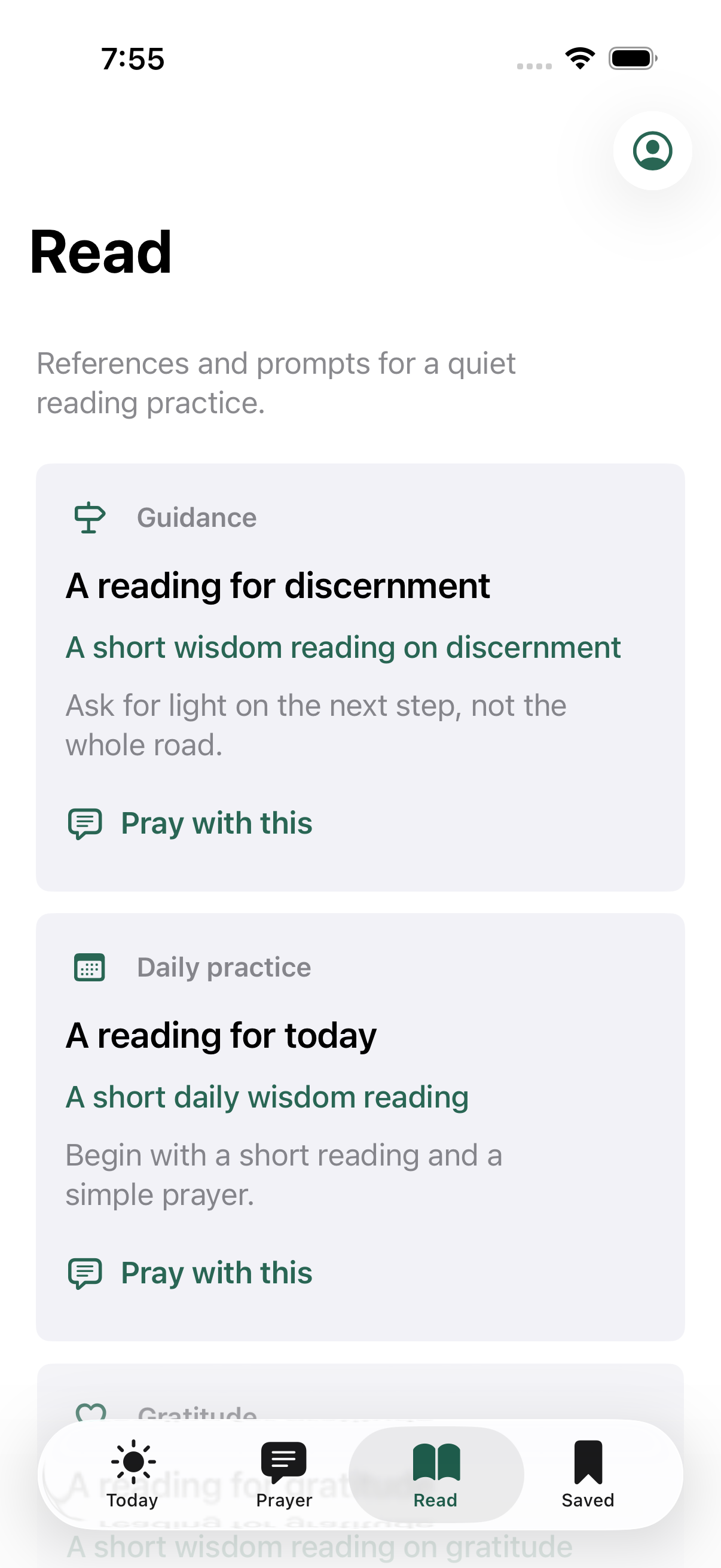 HiGod Read screen showing personalized reading prompts